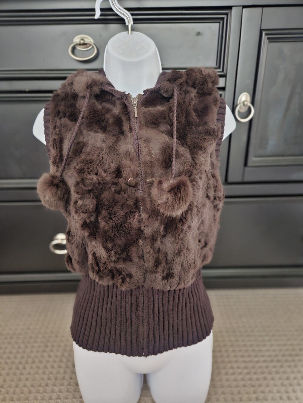 Eastside Westside Vintage Y2K Genuine Rabbit Fur Hooded Knit Vest Brown - S